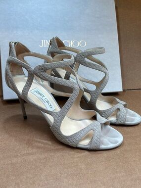 Jimmy Choo Light Beige/Gray Suede Cutout Strappy High Heels Sandals 39.5